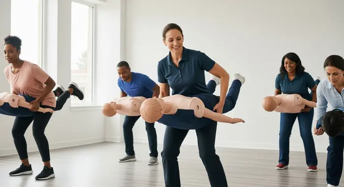 Pflegekurs: Pflegende Angehörige üben rückenschonendes Heben mit Anleitung einer Fachkraft.