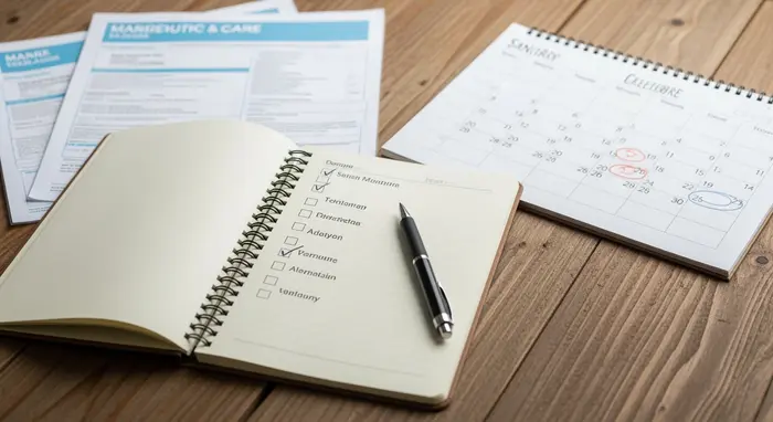 Notizbuch mit Checkliste und Stift auf einem Holztisch; nebenan liegen Pflegeunterlagen und ein Kalender.