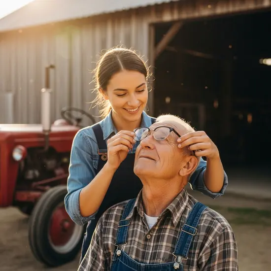 Junge Frau hilft älterem Bauern beim Aufsetzen der Brille im Hof, Traktor im Hintergrund, herzliche Szene.
