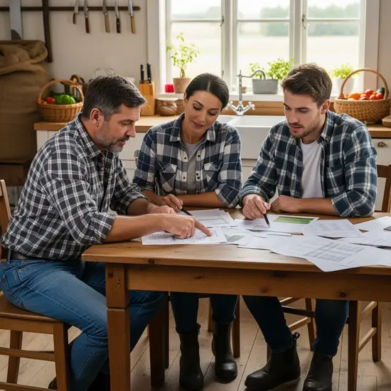 Familie auf Bauernhof bespricht Unterlagen am Küchentisch, Vater, Mutter und erwachsener Sohn in Arbeitskleidung.
