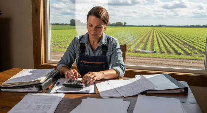 Bäuerin prüft Rechnungen und Beiträge am Holztisch mit Taschenrechner und Ordnern, im Fenster Blick auf Felder.