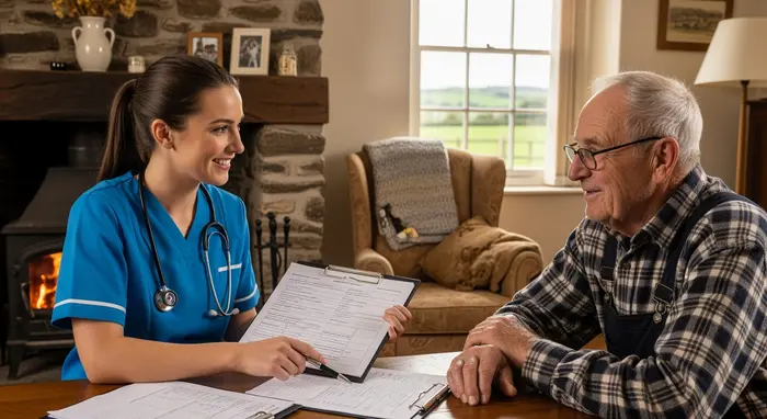 Junge Pflegekraft lächelt und erklärt älterem Landwirt Pflegeunterlagen im gemütlichen Wohnzimmer eines Bauernhauses.