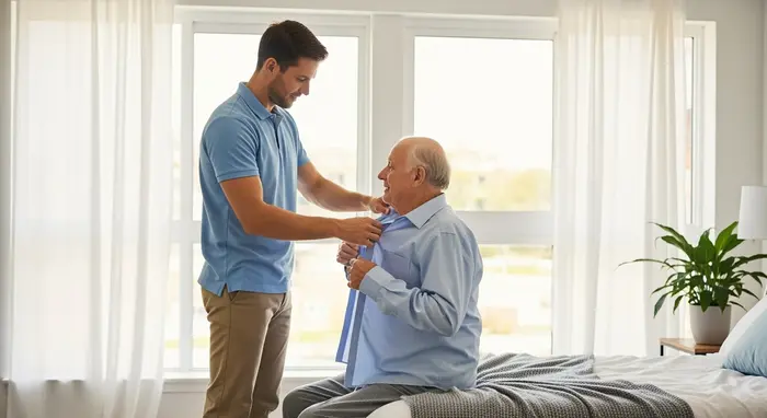 Ambulanter Pflegedienstmitarbeiter hilft älterem Mann beim Anziehen in heller Wohnung.