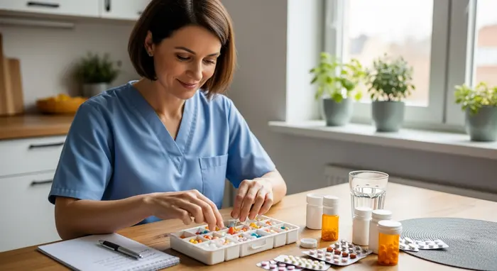Pflegekraft sortiert Medikamente in einer Wochenbox auf einem Küchentisch.