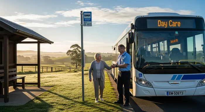 Seniorin wird morgens mit dem Bus zur Tagespflege gebracht; ländliche Haltestelle.