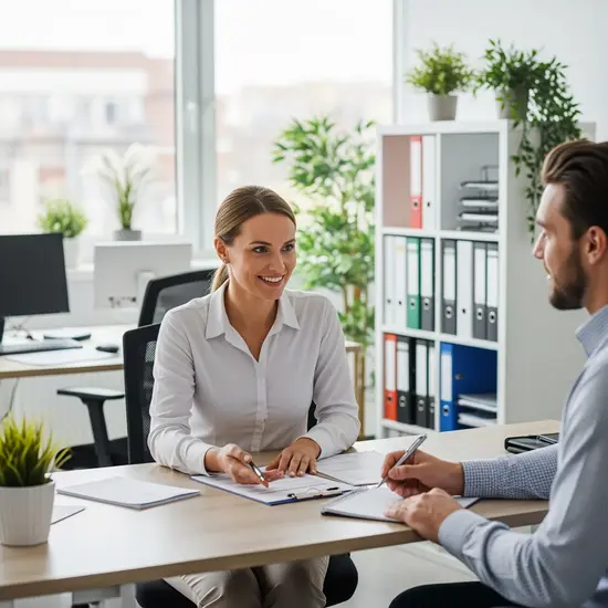 Freundliche Sachbearbeiterin berät Mitarbeiter in einem modernen Krankenkassenbüro; helle Räume, Ordner im Regal, seriöse Beratungssituation ohne sichtbare Logos.