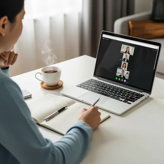 Angehörige nimmt an einem Online-Pflegekurs am Laptop teil; ruhiger Schreibtisch, Notizbuch, Tasse Tee.