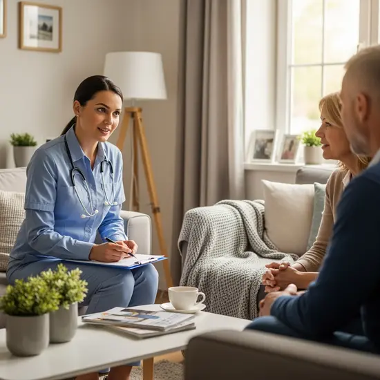 Pflegefachkraft des Medizinischen Dienstes im Gespräch mit einer Familie im Wohnzimmer; Klemmbrett, aufmerksames Zuhören.