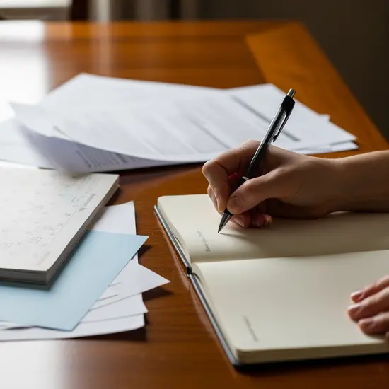 Hand schreibt mit Stift in ein Notizbuch auf einem Esstisch; daneben liegen Kalender und Unterlagen, keine lesbaren Texte.