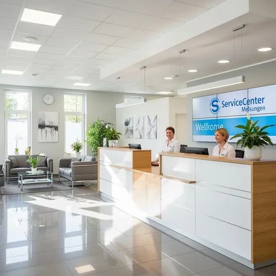 Empfangsbereich eines modernen Servicecenters in Melsungen; helle Beleuchtung, Sitzbereich, freundliches Personal am Tresen.
