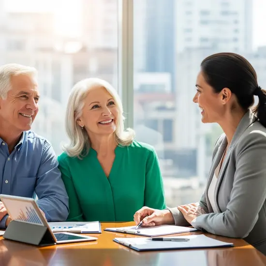Älteres Paar sitzt mit einer Beraterin am Tisch und blickt optimistisch; Tablet liegt daneben, helles Tageslicht.