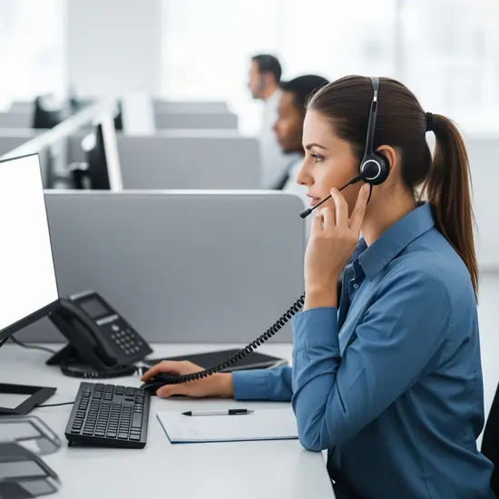Beraterin telefoniert an einem Headset in einem ruhigen Callcenter; Notizblock, Tastatur und Monitor ohne sichtbare Inhalte.