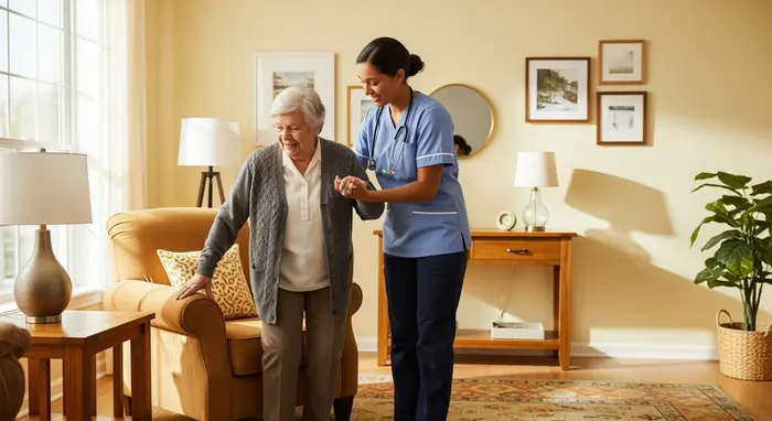 Pflegerin unterstützt einen Senior beim Aufstehen aus dem Sessel in einem hellen Wohnzimmer; warme Farben, fürsorgliche Geste.