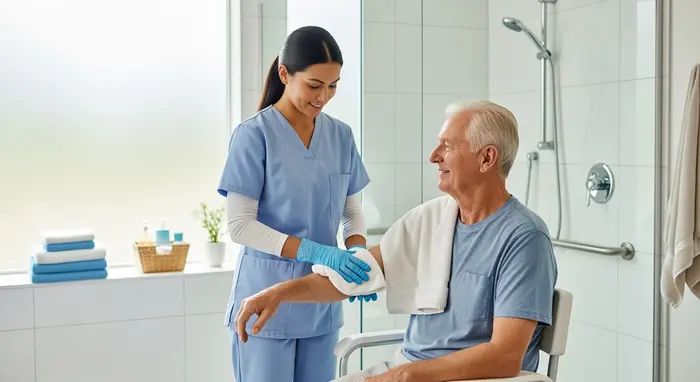Ambulanter Pflegedienst hilft bei der Körperpflege im Badezimmer; Handschuhe, Handtuch, respektvolle Situation.