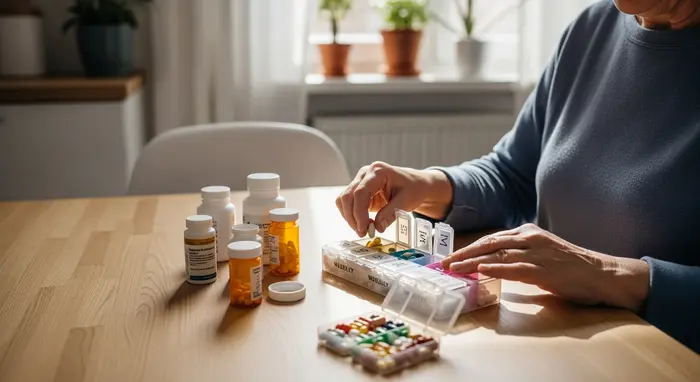 Angehörige sortiert Tabletten mit einem Wochendosierer am Küchentisch; ruhige, ordentliche Umgebung.
