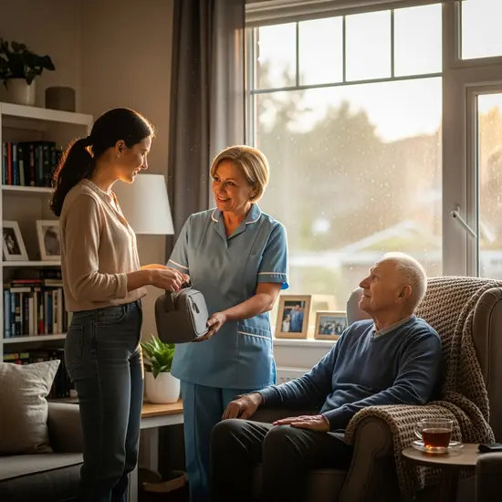 Erwachsene Tochter übergibt die Betreuung ihres Vaters für einige Tage an eine freundliche Ersatzpflegekraft; Wohnzimmerszene, warmes Licht.