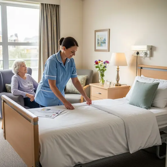 Helles Einzelzimmer in einer Kurzzeitpflegeeinrichtung mit Seniorin, Pflegekraft richtet das Bett; ruhige, respektvolle Atmosphäre.