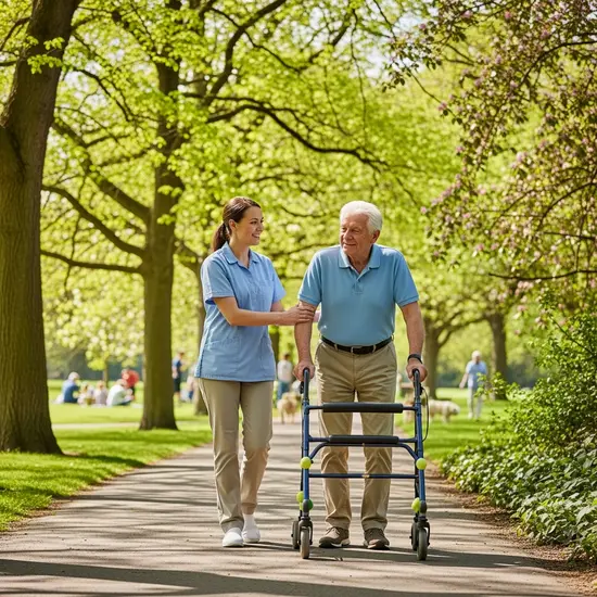 Alltagsbegleiterin macht einen Spaziergang mit einem älteren Herrn in einem grünen Park; entspannte Stimmung, Gehhilfe sichtbar.