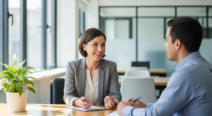 Freundliche Krankenkassenberaterin spricht in einem modernen Büro mit einem Mitarbeiter, helle Atmosphäre, Fokus auf persönliche Betreuung ohne sichtbare Textschilder.