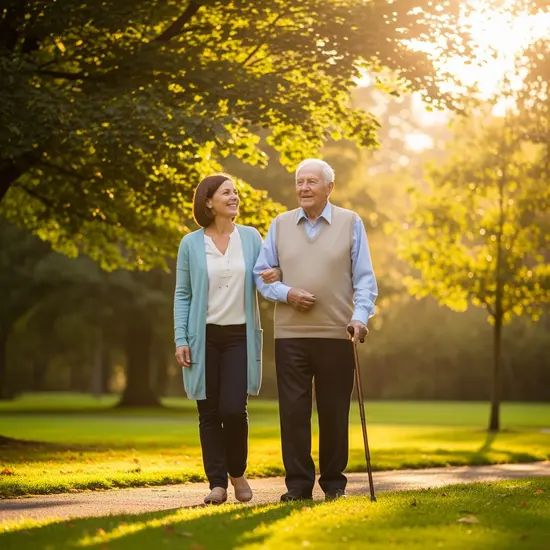 Alltagsbegleiterin spaziert mit älterem Herrn im Park, sonniger Tag, entspannte Stimmung.