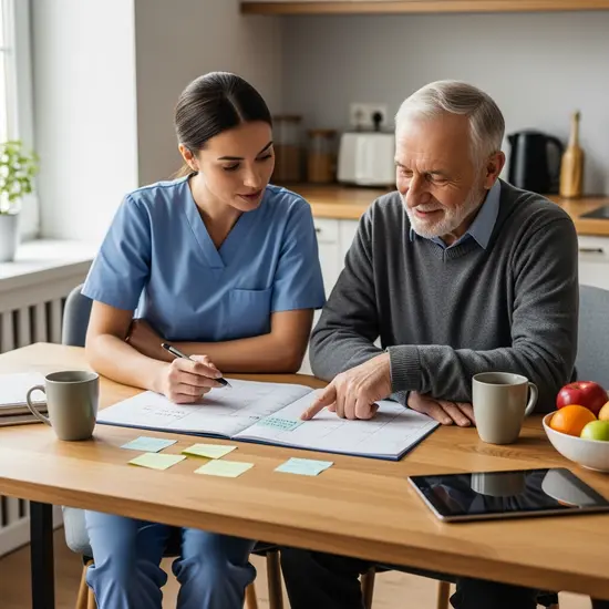 Pflegerin und Angehöriger planen gemeinsam die Pflege am Küchentisch, Kalender und Notizen ohne lesbaren Text.