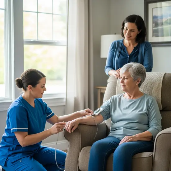 Ambulanter Pflegedienst übernimmt eine Behandlung, Angehörige beobachtet und unterstützt, ruhige Szene.
