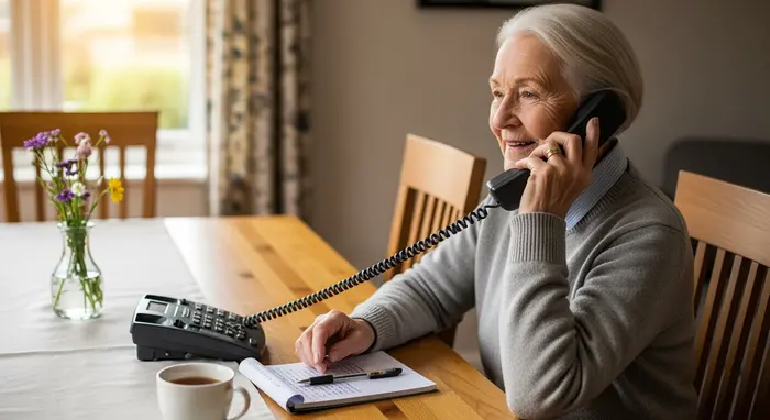 Ältere Angehörige telefoniert entspannt am Esstisch mit der Pflegekasse, Notizblock bereitliegend.
