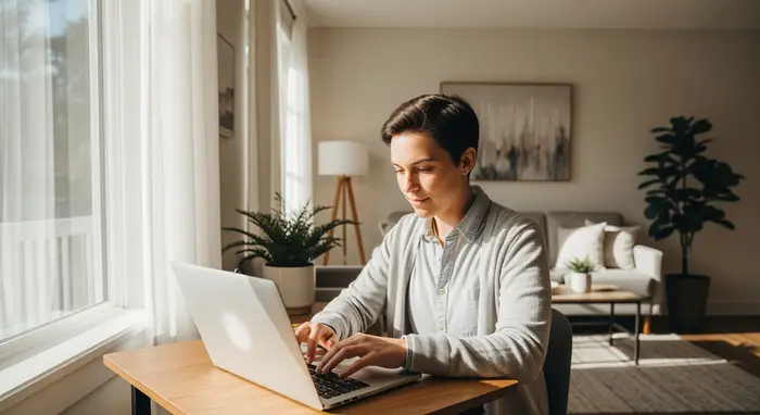 Person tippt eine E-Mail an einem Laptop in einem hellen Wohnzimmer, keine Bildschirminhalte lesbar.
