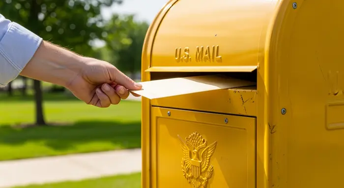 Hand wirft einen Brief in einen gelben Postkasten im Freien, Fokus auf Handlung.