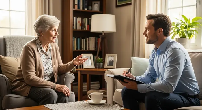 Pflegegutachter besucht Seniorin zu Hause, sitzt mit Notizblock im Wohnzimmer, respektvoller Austausch.