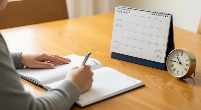 Pflegeperson führt ein Pflegetagebuch am Tisch, Kalender und Uhr in der Nähe, keine lesbaren Einträge.