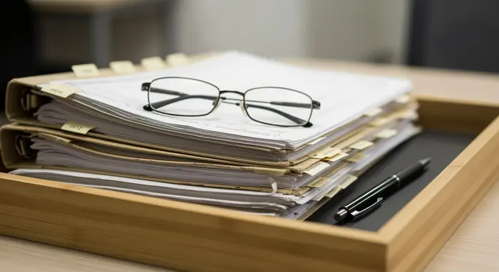 Ordner mit medizinischen Unterlagen, Brille und Stift auf einem Holztablett, dokumentarische Stimmung ohne lesbaren Text.