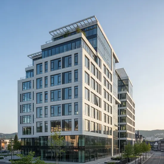Modernes Bürogebäude in Koblenz bei Tageslicht, klare Architektur, keine lesbaren Schilder oder Logos.
