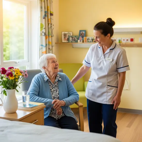 Senior in einem hellen Kurzzeitpflegezimmer spricht mit Pflegekraft, freundliche Begrüßungsszene.