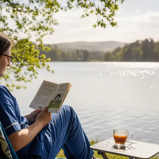 Pflegende Angehörige entspannt am See mit Buch, kurze Auszeit, ruhige Umgebung.