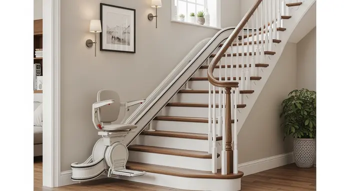 Treppenlift an einer Holztreppe in einem Einfamilienhaus, klare Linien, ohne Beschriftung.