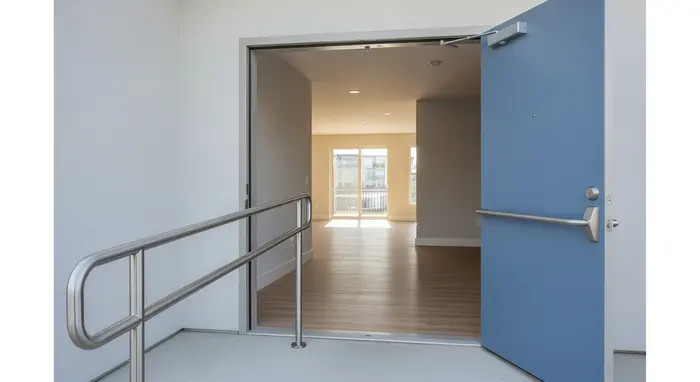 Verbreiterte Tür mit Handlauf, schwellenloser Übergang in eine helle Wohnung.