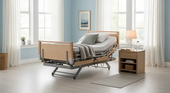 Pflegebett mit höhenverstellbarem Rahmen in einem hellen Schlafzimmer, Nachttisch daneben.