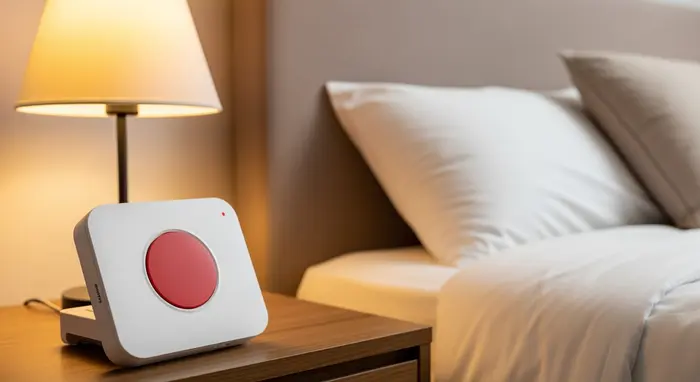 Hausnotruf-Gerät auf einem Nachttisch neben einem Bett, großer roter Knopf, keine lesbare Beschriftung.