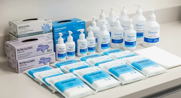 Verbrauchsmaterialien wie Einmalhandschuhe, Desinfektionsmittel und Bettschutzeinlagen ordentlich arrangiert.