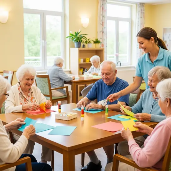 Seniorenrunde in einer Tagespflegeeinrichtung, gemeinsame Aktivität am Tisch, freundliche Betreuung.