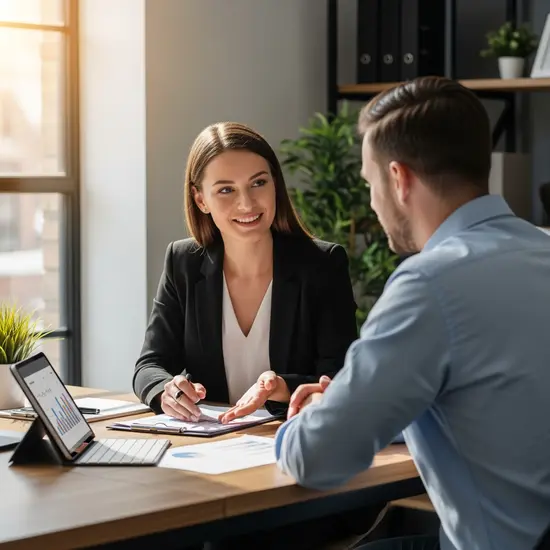 Beraterin und Versicherter im persönlichen Gespräch an einem Schreibtisch, freundliche Atmosphäre, Fokus auf Service.