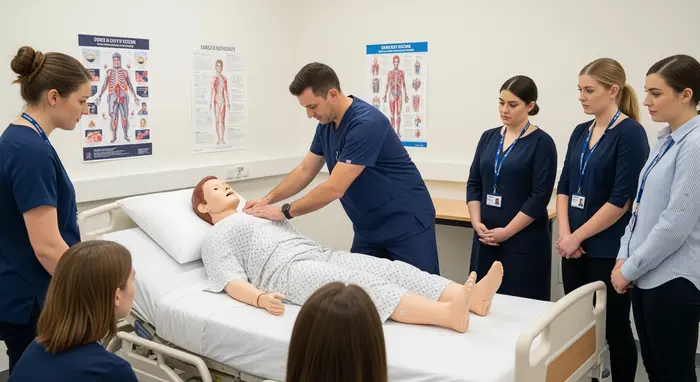 Pflegekurs demonstriert rückenschonende Hebetechnik mit Übungspuppe, kleine Gruppe schaut zu.