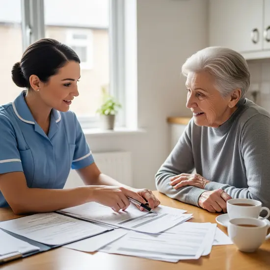 Pflegedienstmitarbeiter besucht pflegebedürftige Person zu Hause, schaut gemeinsam Unterlagen an, freundliche Beratungssituation.