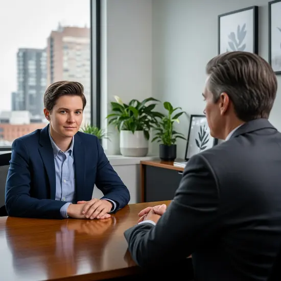 Angestellte Person spricht im Büro mit Vorgesetzter über kurzfristige Freistellung, ruhiger Ton, ohne sichtbare Dokumententexte.