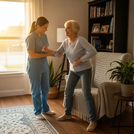 Pflegerin unterstützt Seniorin beim Aufstehen im Wohnzimmer, warmes Licht, respektvolle Betreuung.