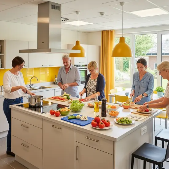 Gemeinschaftsküche einer ambulant betreuten Wohngruppe, Bewohner bereiten gemeinsam eine Mahlzeit vor, helle Atmosphäre.