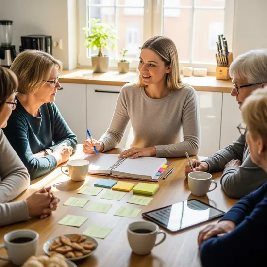 Organisationskraft unterstützt Bewohner im Alltag, koordiniert Aufgaben am Küchentisch, Notizen ohne lesbaren Text.