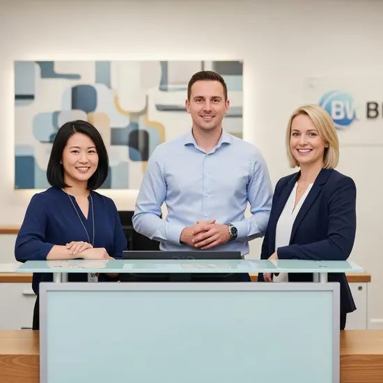 Teamfoto von zwei bis drei freundlichen Sachbearbeitern an einem Empfangstresen, moderne Umgebung, keine sichtbaren Namensschilder.