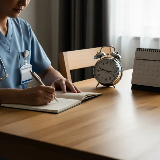 Pflegende Person schreibt in ein Notizbuch am Esstisch, Uhr und Kalender liegen daneben, keine lesbaren Einträge.